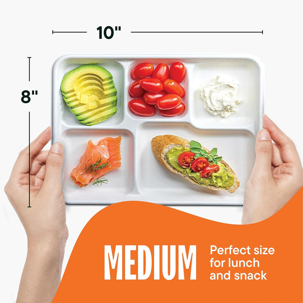 100% Compostable 5-Compartment Tray [125-Pack] Heavy Duty Bagasse Plates