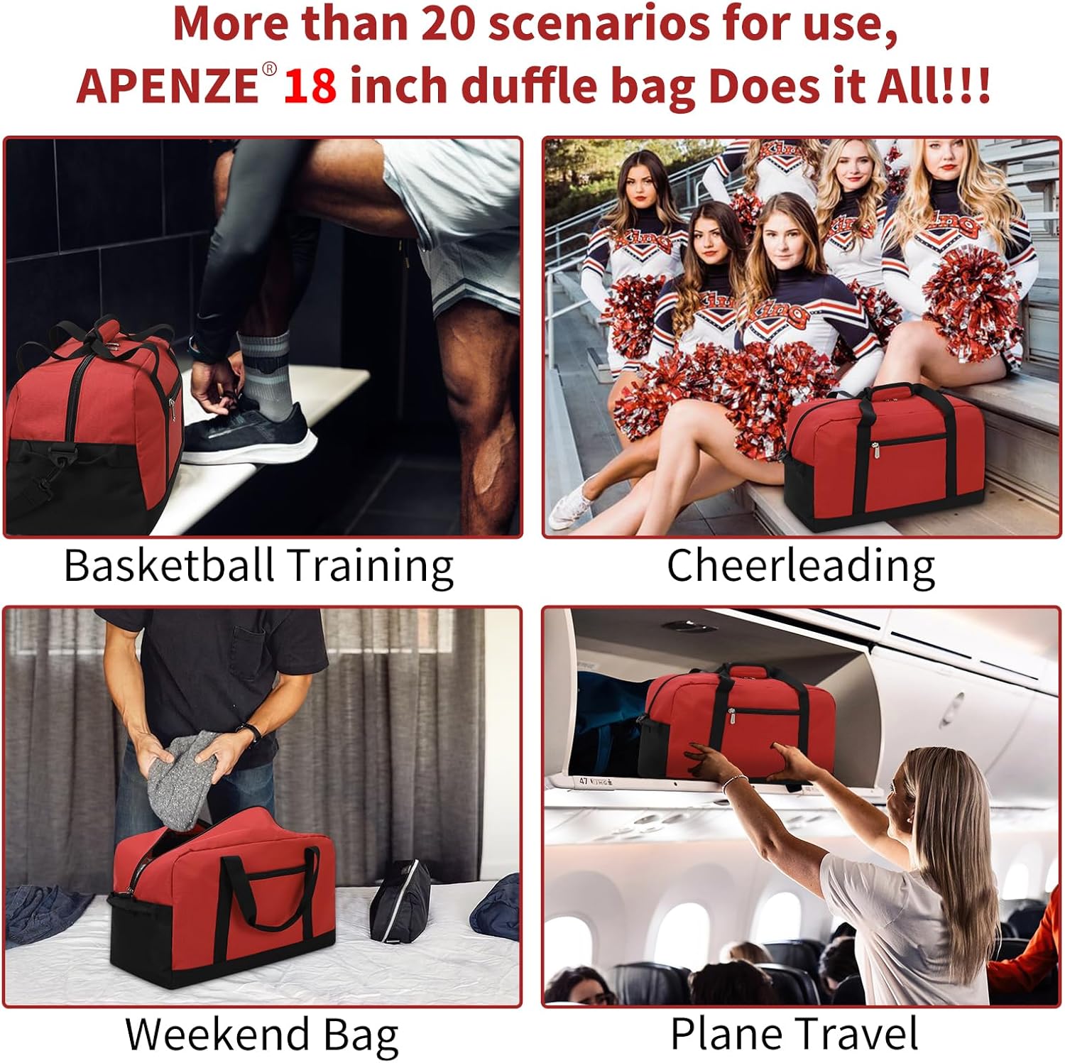 Small Gym Bag 18 inch Carry On Duffel Bag for Weekender Travel - Red