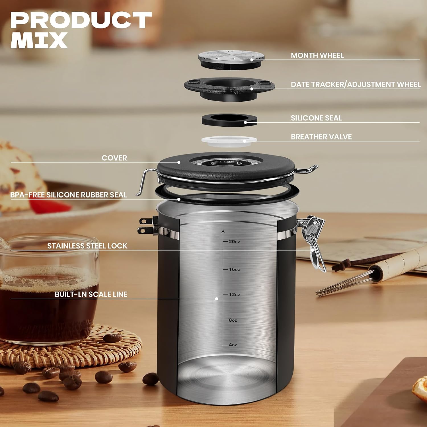 Coffee Canisters with Window,Airtight Coffee Container，22oz | Scoop，Date Tracker，Food Storage Organizers for