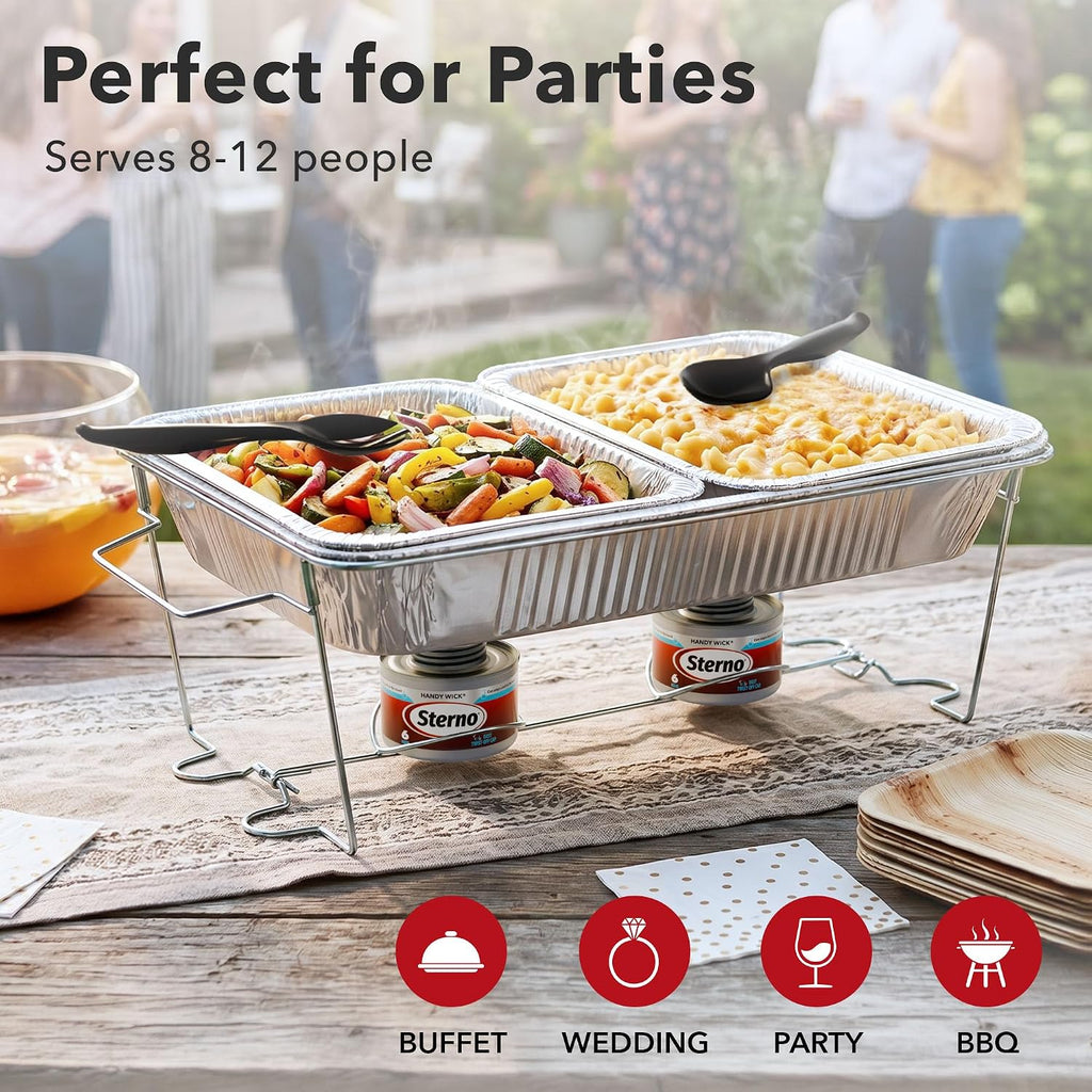 Disposable Chafing Dish Buffet Set With 6-Hour Fuel, 10 Piece | 1 full-size buffet setup with 2 cans of fuel, water