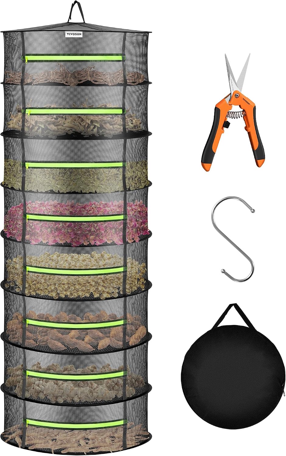 8-Layer Mesh Drying Rack Hanging Design with Green Zippers for Dehydrating, Indoor and Outdoor Pruning Shears Included