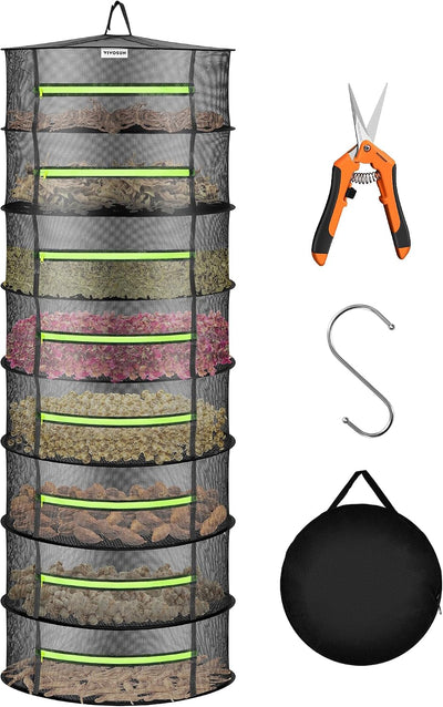 8-Layer Mesh Drying Rack Hanging Design with Green Zippers for Dehydrating, Indoor and Outdoor Pruning Shears Included