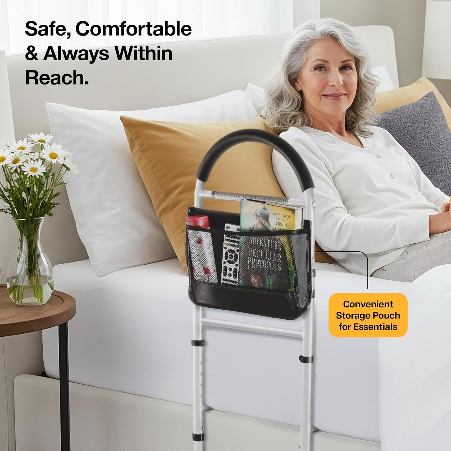 Bed Assist Rail Bed Rails Ror Seniors with Adjustable Heights with Storage Pocket Easy to get in or Out of Bed Safely