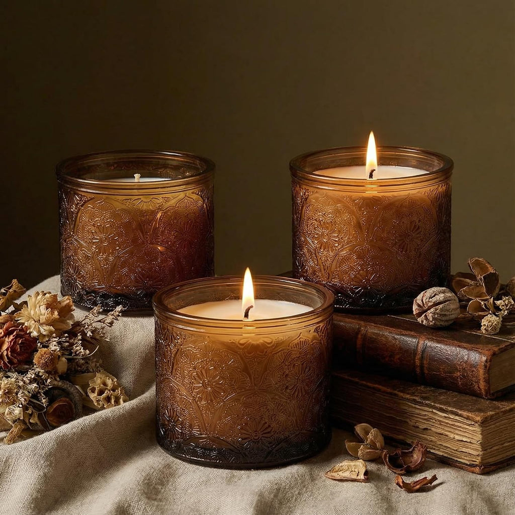 10 oz Multi-color Mandala Glass Candle Jars with Bamboo Lids, 9 Pack | Patented Embossed Design, Includes Wick