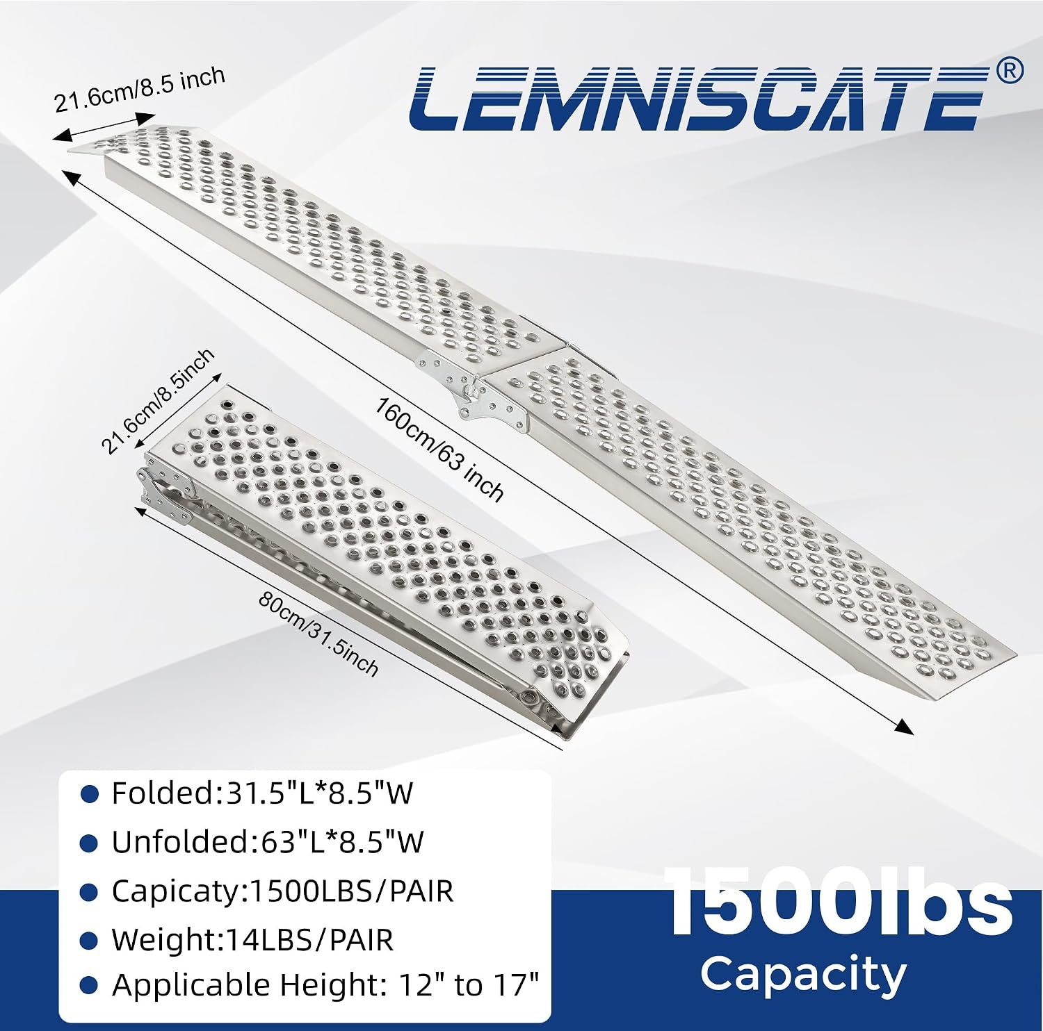 Loading Ramps, Portable Aluminum Ramps, 1500lbs Capacity per Pair, Truck Ramp for Lawn Mower, Motorcycles, Trailers