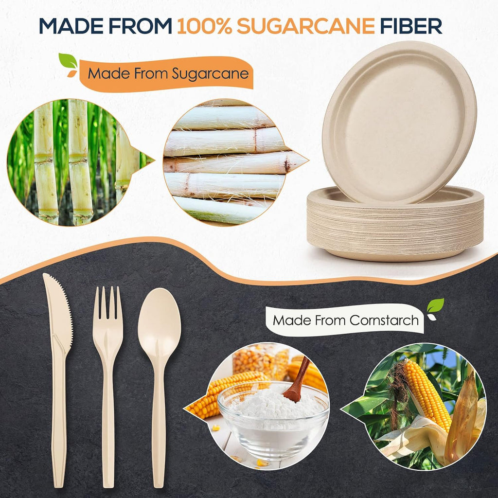 250Pcs Disposable Paper Plates Compostable Plates and Utensils
