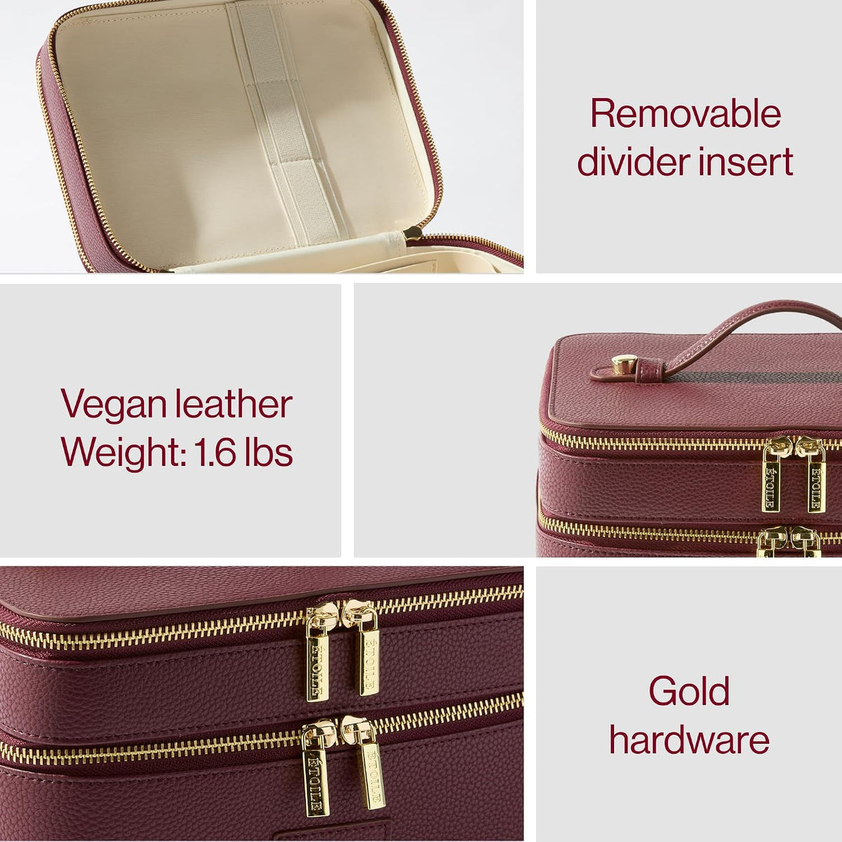 Duo Vanity Case Burgundy - Large Functional Travel Makeup Bag Organizer with Removable Divider & Mirror