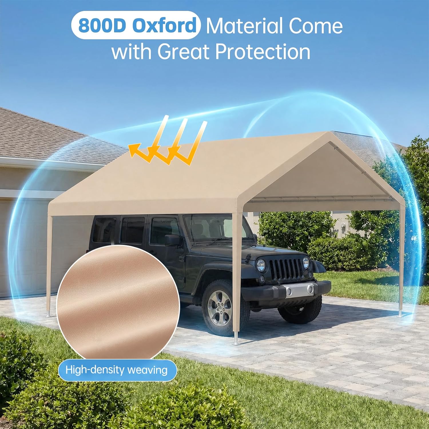 10x20 FT Carport Replacement Canopy Top, 800D Oxford Heavy Duty Waterproof Tarp Cover with 36 Ball Bungees, UV
