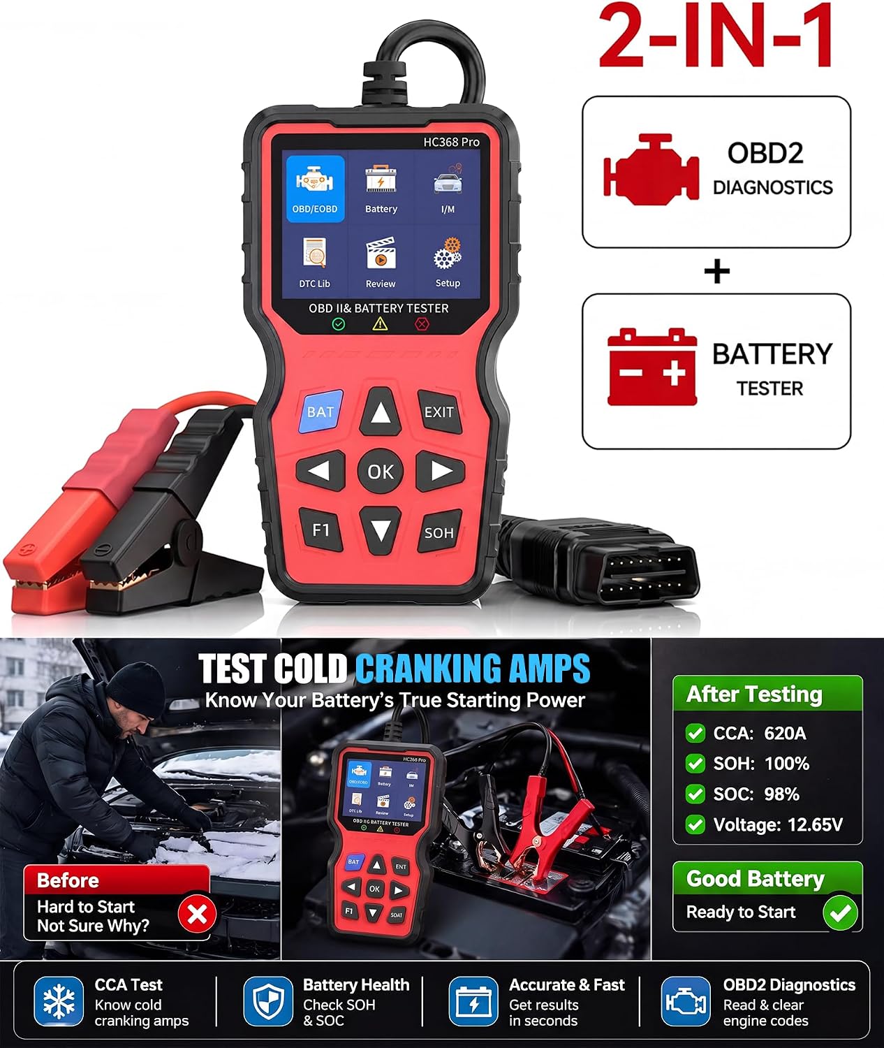 Easy to Use 2-in-1 OBD2 Scanner with Battery Tester: 1S Read & Clear Check Engine Codes + Test Battery in Mins - DIY