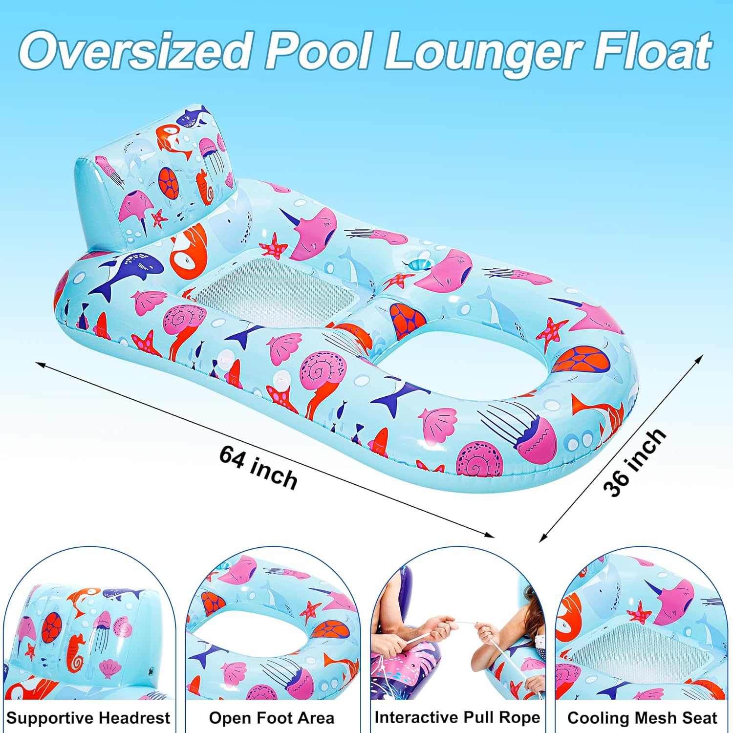 2 Pack Pool Floats Adult, Inflatable Pool Lounger Float Heavy Duty with Cup Holder, Backrest & Footrest Pool Lounge