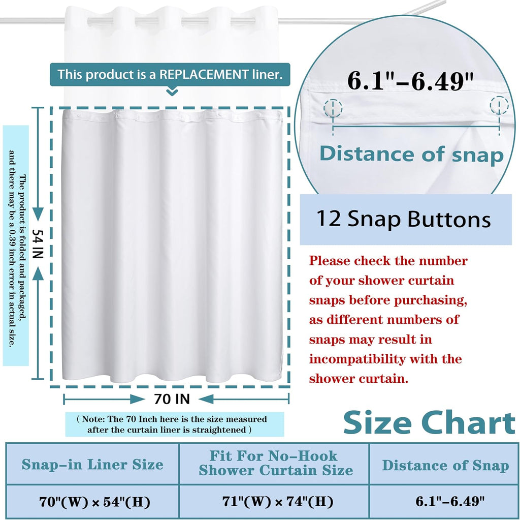 1 Pack Hotel Fabric Snap in Shower Curtain Liner Replacement Removable Water Repellent Liner for Bathroom Shower