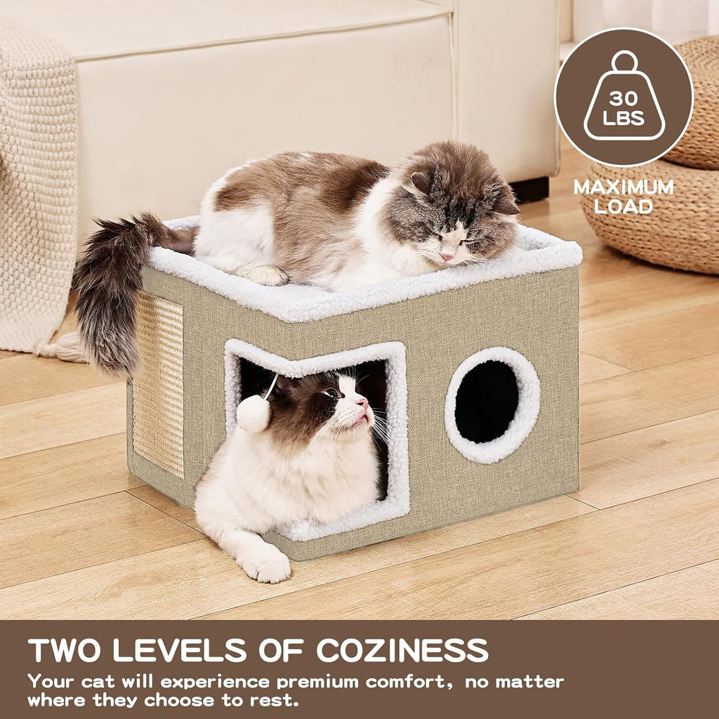 Cat Beds for Indoor Cats Houses, Large Cat Cave with Fluffy Ball and Scratch Pad, Foldable Cat House with Hideaway
