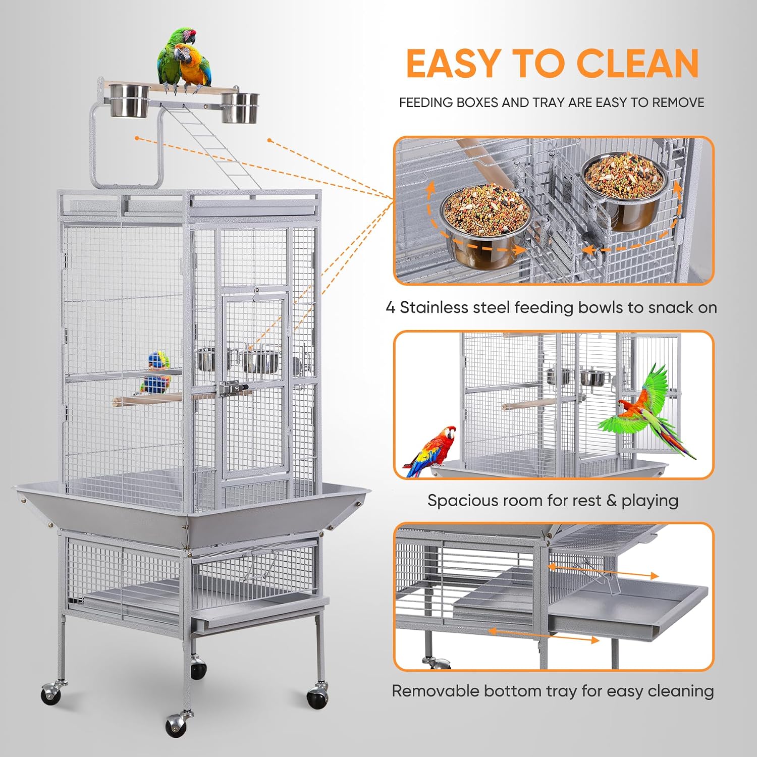 PRO 61-inch 2in1 Large Bird Cage with Rolling Stand Playtop Parrot Chinchilla Finch Cage Macaw Conure Cockatiel