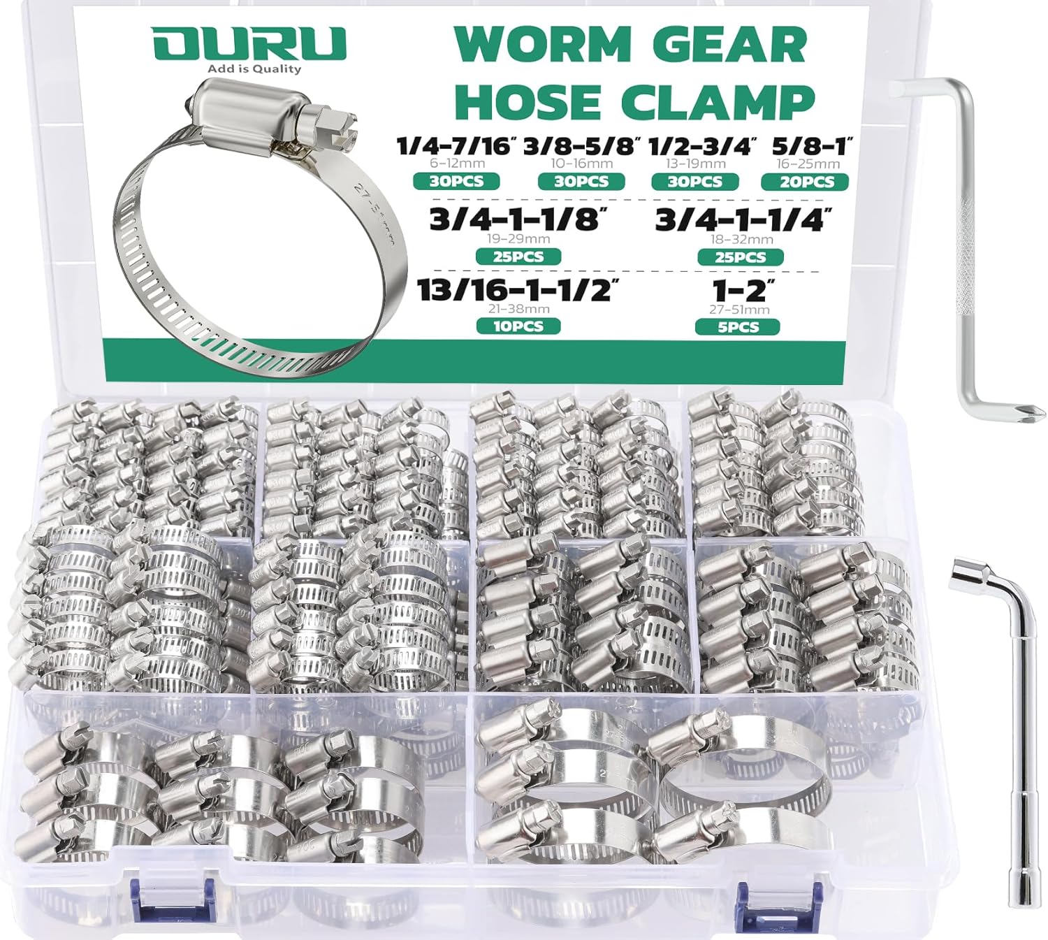 175PCS Hose Clamps Assortment Kit, Adjustable 1/4"-2"(6-51mm), 8 Sizes | 304 Stainless Steel, Rust Resistant, Worm