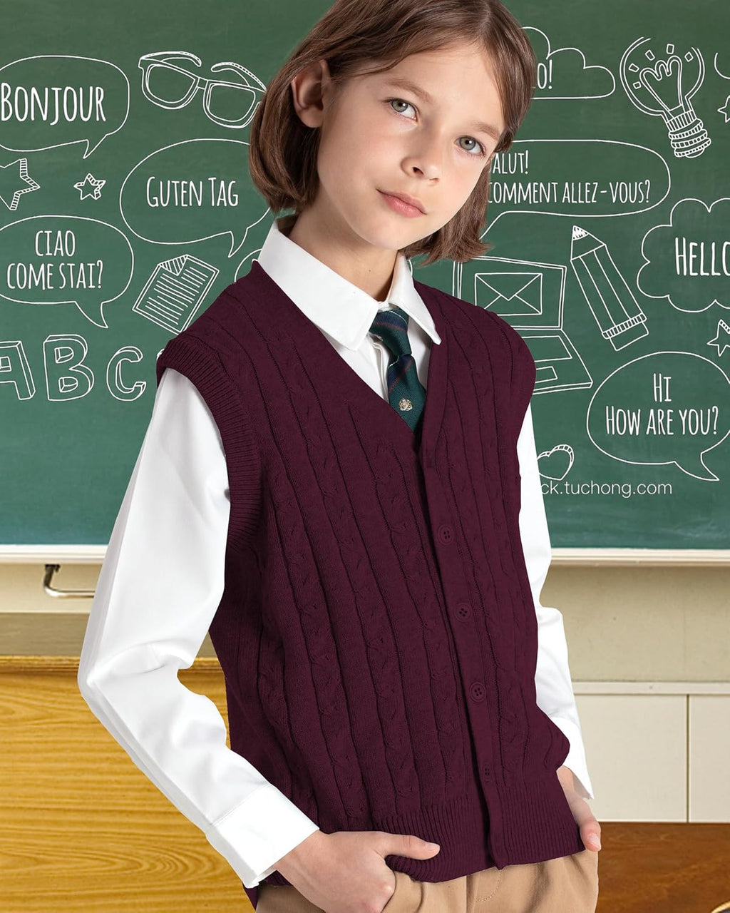 Boys Sweater Vest 100% Cotton Kids Button Cardigan School Uniform | Sleeveless V-Neck Sweater Pullover Cable Knit