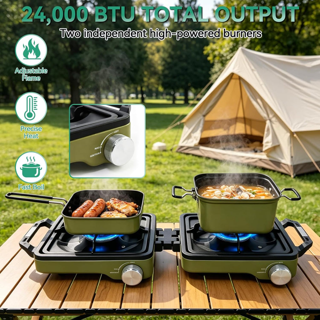 2 Burner Portable Propane Camping Stove Kit, 24000 BTU Foldable Hiking Stove with Frying Pan, Pot, Windshield & Carry