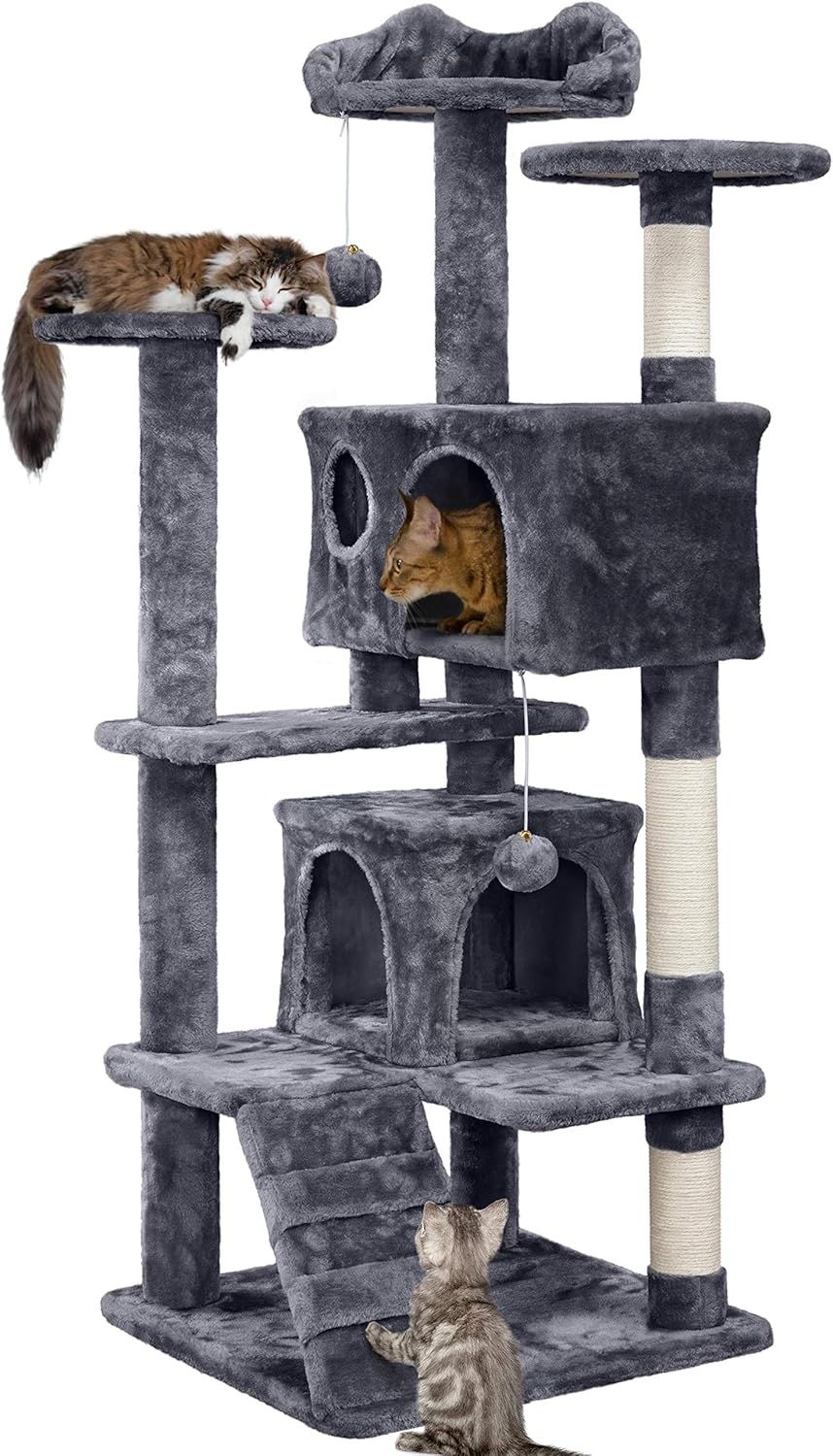Yaheetech 54in Cat Tree, Multi-Level Cat Tower with Spacious Kitten-ear Perch, 2 Cozy Caves, Scratching Posts