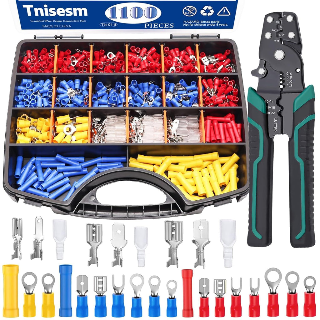 1100PCS Wire Connector Kit with Crimping Tool, Copper Insulated Electrical Wire Terminals - Ring, Butt, Spade, Fork