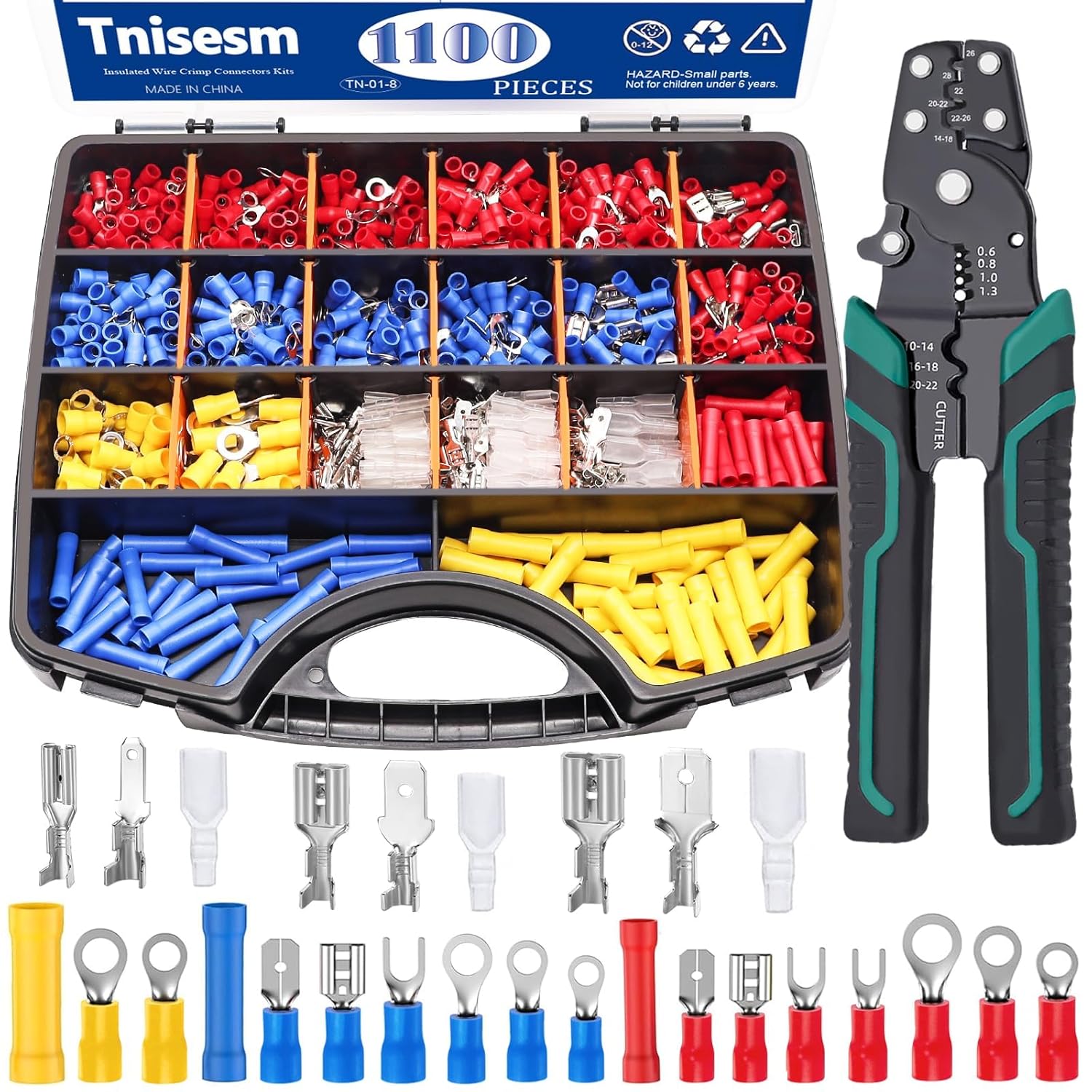1100PCS Wire Connector Kit with Crimping Tool, Copper Insulated Electrical Wire Terminals - Ring, Butt, Spade, Fork