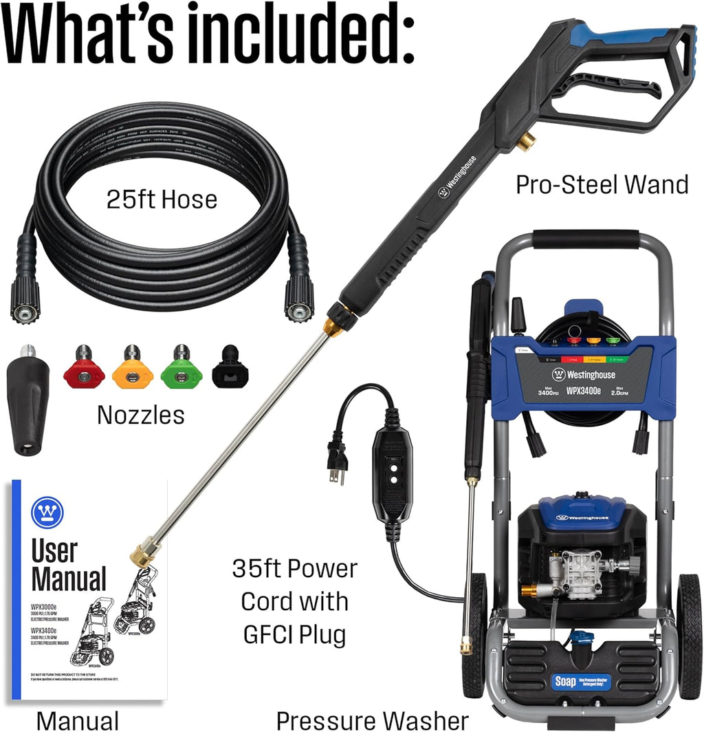 WPX3400e Electric Pressure Washer, 3400 Max PSI and 2.0 Max GPM, Brushless Motor, Onboard Soap Tank, Spray Gun and