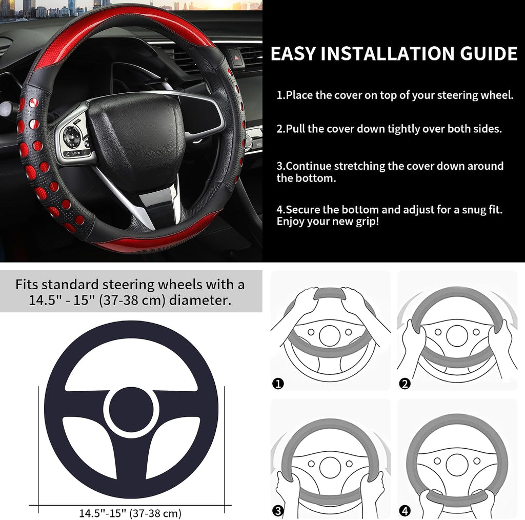 PU Leather Car Steering Wheel Cover with Anti-Slip Grip, for Women and Men, Universal Fit for 14.5-15 Inch Cars