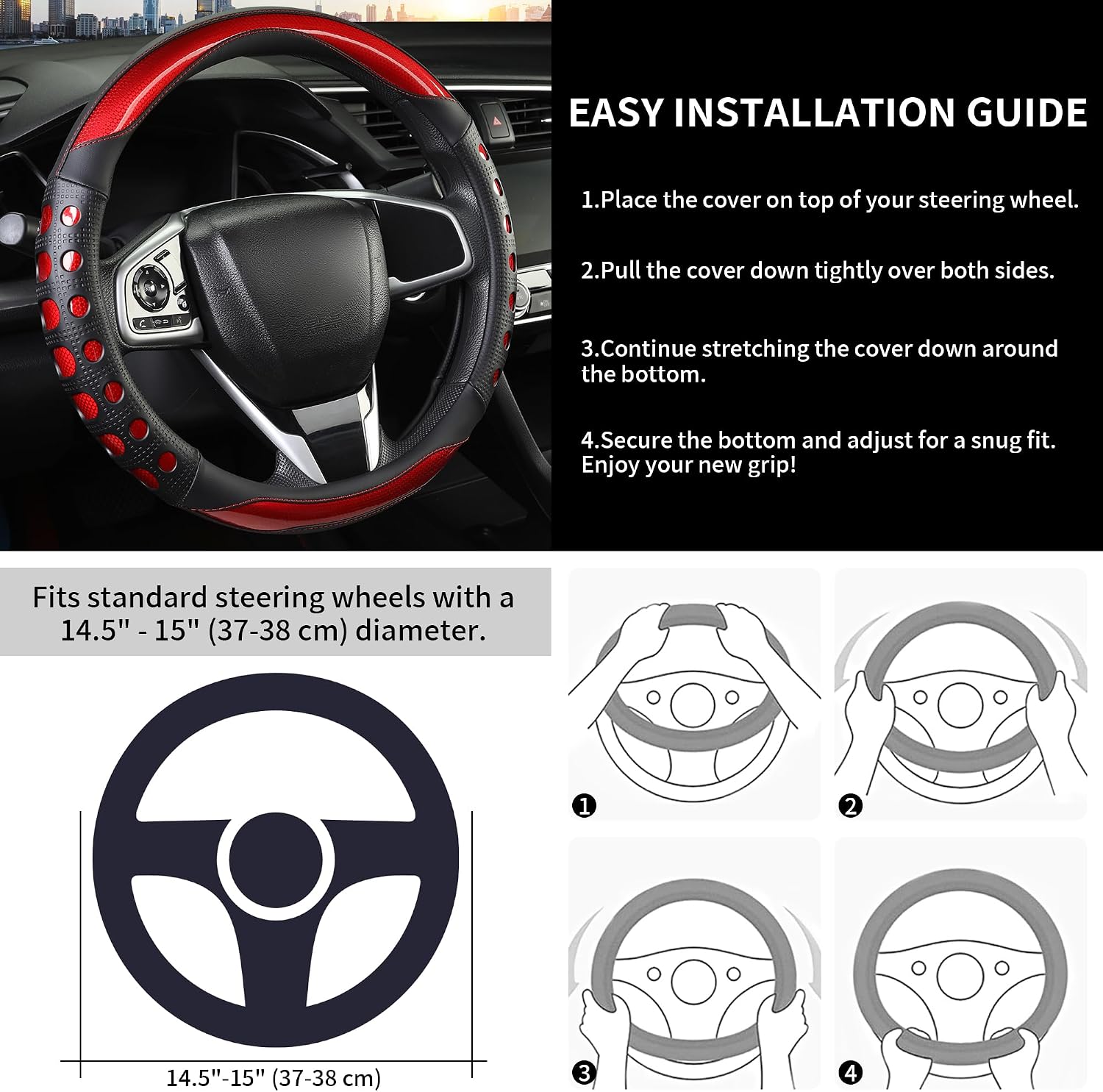 PU Leather Car Steering Wheel Cover with Anti-Slip Grip, for Women and Men, Universal Fit for 14.5-15 Inch Cars