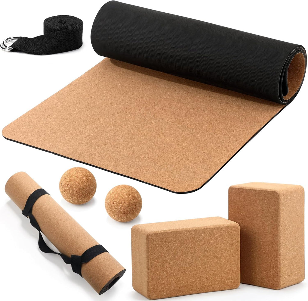 7 Pcs Cork All in One Yoga Essentials Kit Large Cork Yoga Mat and Blocks Set with Carry Strap and Alignment Lines 2