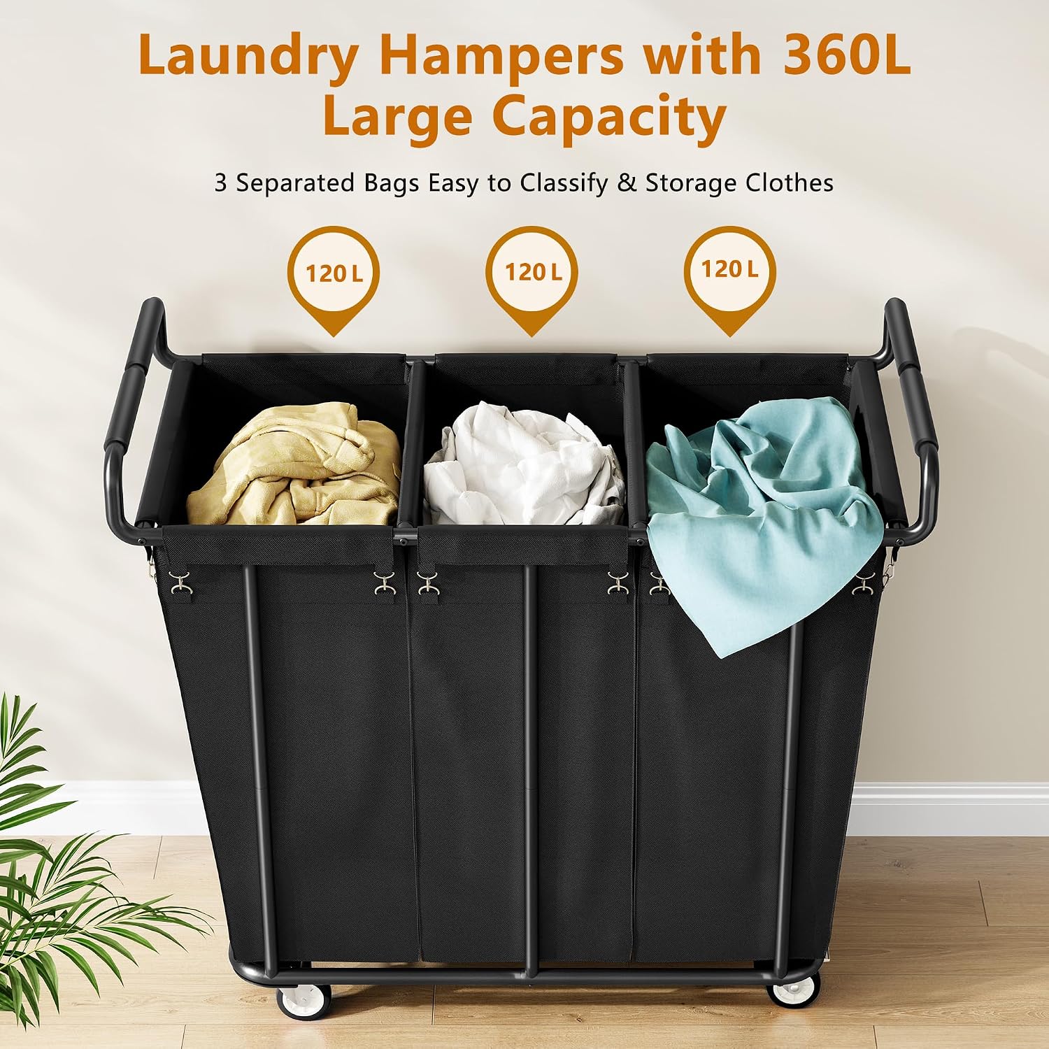 3 Section Heavy Duty Laundry Sorter Cart with Wheels, 360L, Black | Rolling Laundry Hamper Sorter Cart, Extra Large