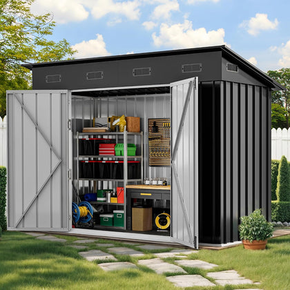 8.5' x 3.5' Outdoor Storage Shed, Lockable Double Doors, Sloped Roof, Heavy-Duty Steel Shed for Garden & Patio, Large
