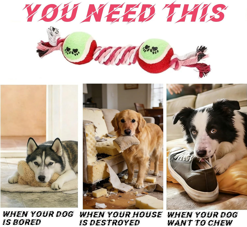 Rope Tennis Ball Toys for Aggressive Chewers, Durable Cotton Rope Tennis Ball Chew Toys for Small, Medium Dogs