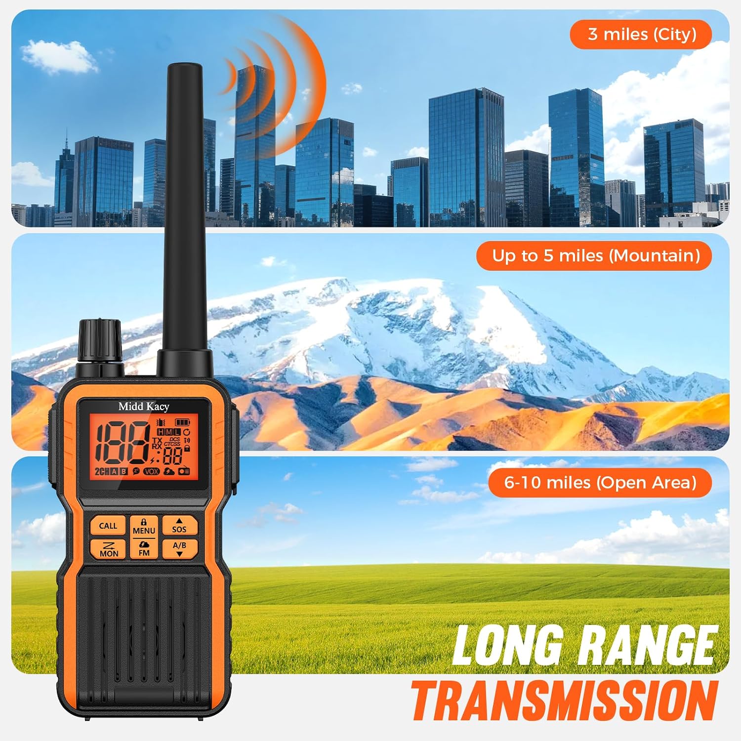 Midd Kacy MK108 Walkie Talkies Long Range, GMRS 2 Way Radio (2 Pack) | 60 Channel, 121 Privacy Codes, Waterproof