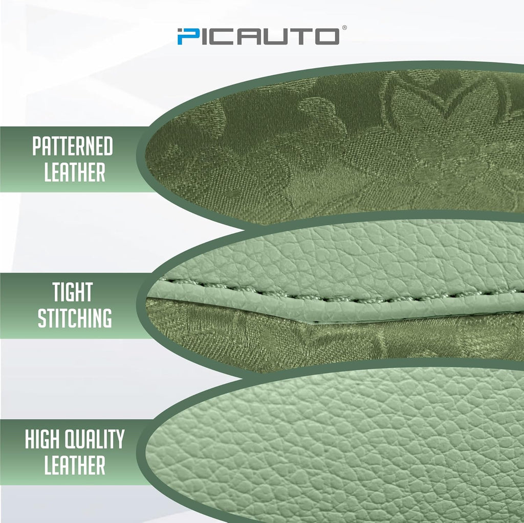 Steering Wheel Cover, Green Patterned Leather Patchwork Design, Universal Fit 14.5"–15.5", Anti-Slip, Odor-Free, Soft