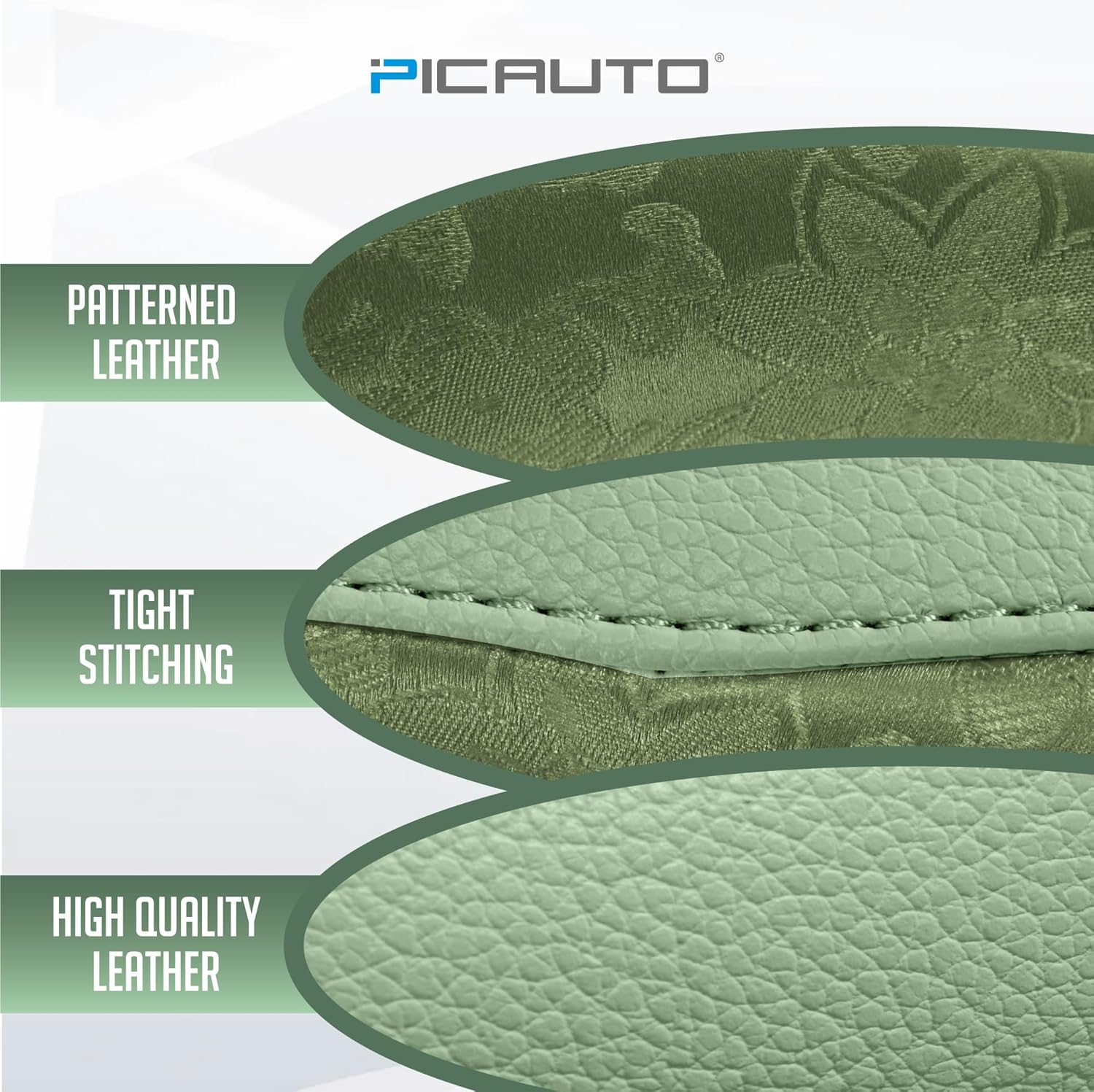 Steering Wheel Cover, Green Patterned Leather Patchwork Design, Universal Fit 14.5"–15.5", Anti-Slip, Odor-Free, Soft