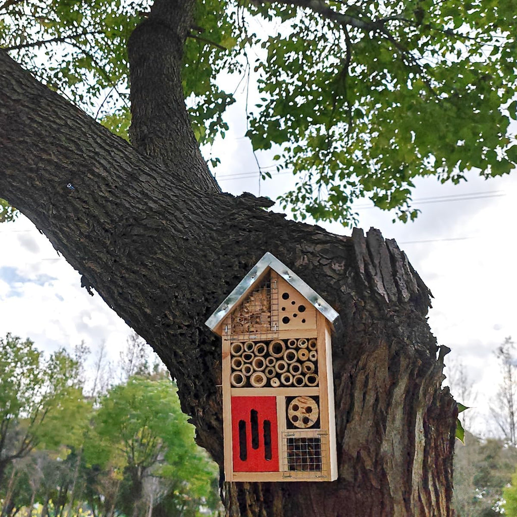 Natural Wooden Hanging Bee House for Gardens Natural Wooden Butterfly Hotel for Bee, Butterfly, Ladybirds, Habitat
