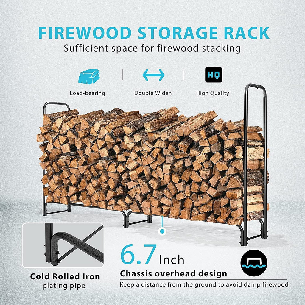 6 ft Heavy Duty Firewood Rack Outdoor with Cover, Black | Fire Wood Storage Rack, Log Holder and Cover Combo Set with
