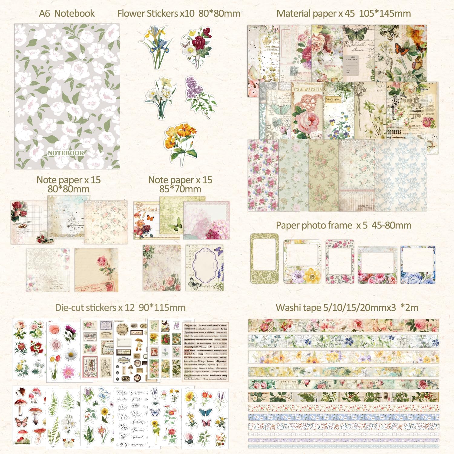 Vintage Botanical Scrapbooking Supplies Kit, Aesthetic Flower Scrapbook Kit for Bullet Junk Journal, 12 Rolls Washi