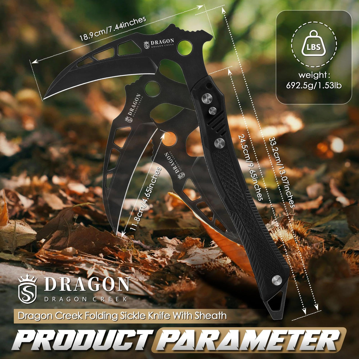 Folding Sickle Knife - with Bag Quick Release Black