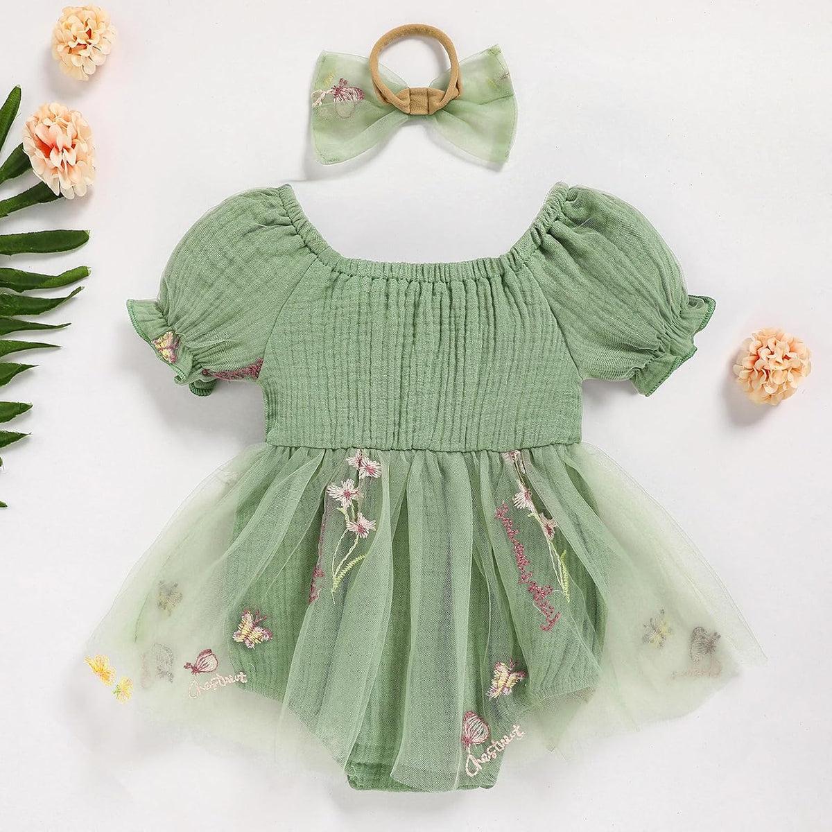 Baby Girl Romper Dress Infant Linen Tulle Bodysuit Puff Sleeve Summer Outfits With Headband Cake Smash Clothes
