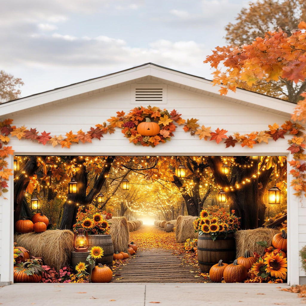 Fall Photo Garage Door Cover Decorations, Autumn Forest Scenery Maple Leaves Pumpkins Sunflowers Farm Harvest