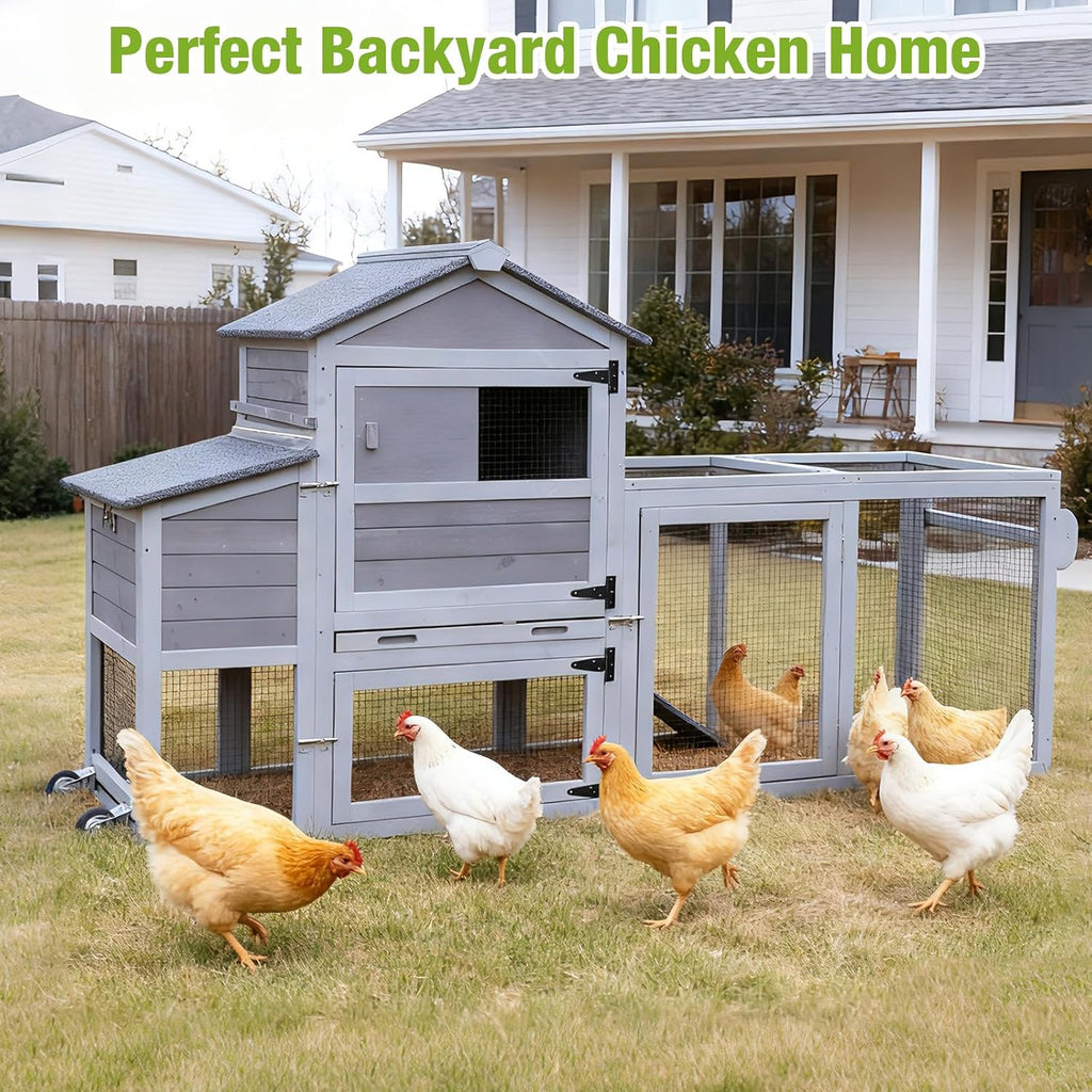 Mobile Chicken Tractor with 2 Nesting Boxes, 81" Large Wooden Chicken Coop for 2-4 Chickens, Predator Proof Poultry