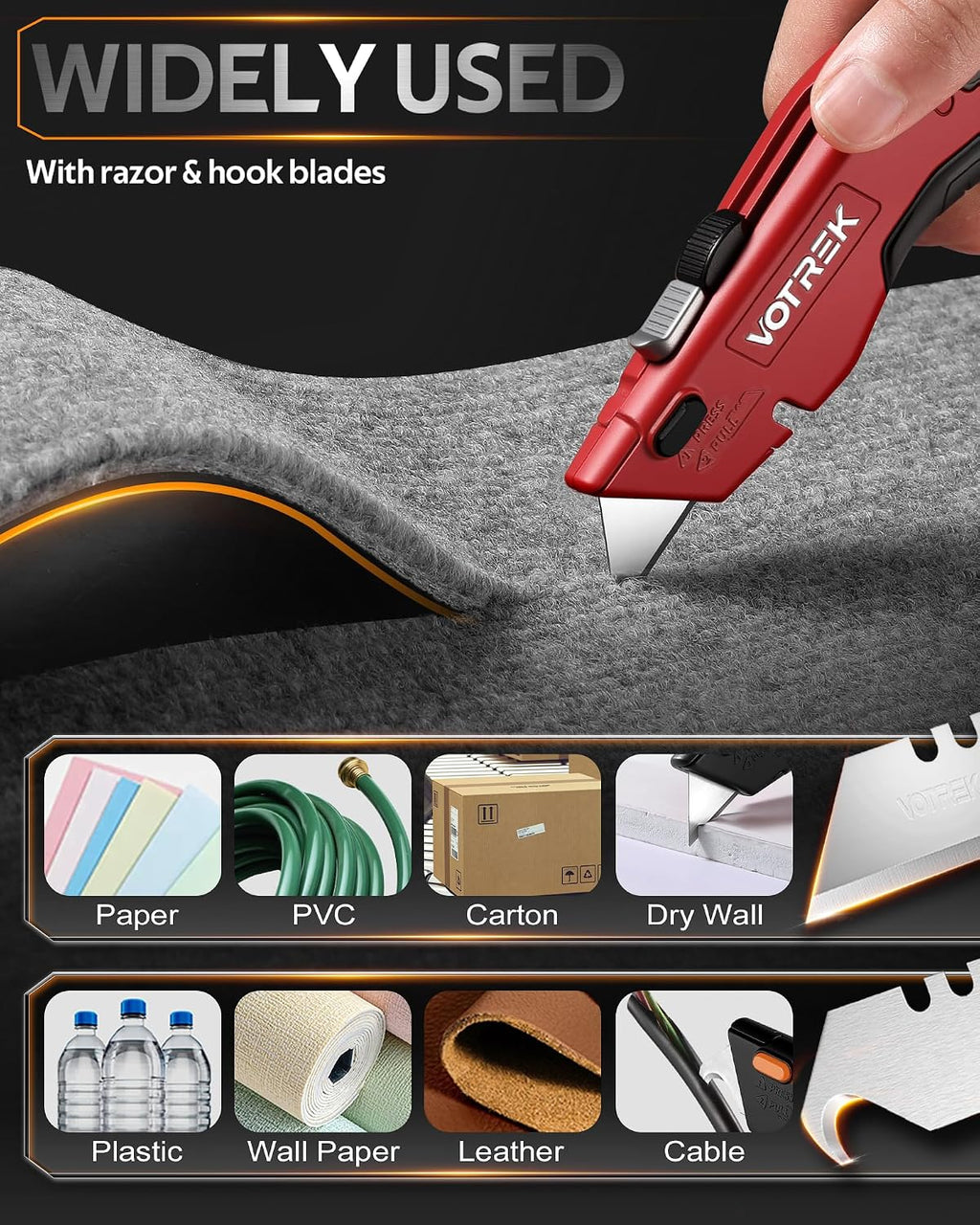 Box Cutter Utility Knife, [2-in-1] Retractable Box Cutter, Safety Heavy Duty Sharp Razor Knife for Home & Warehouse