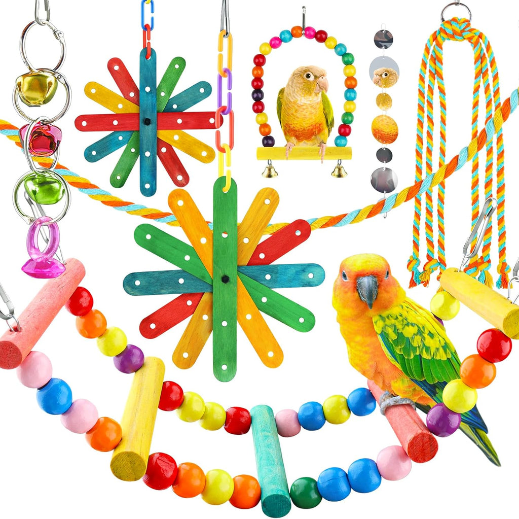 8 pcs Bird Toys for Parakeets with Colorful Ladder Hammock Bird Cage Accessories Bird Perch Stand Chewing Toys