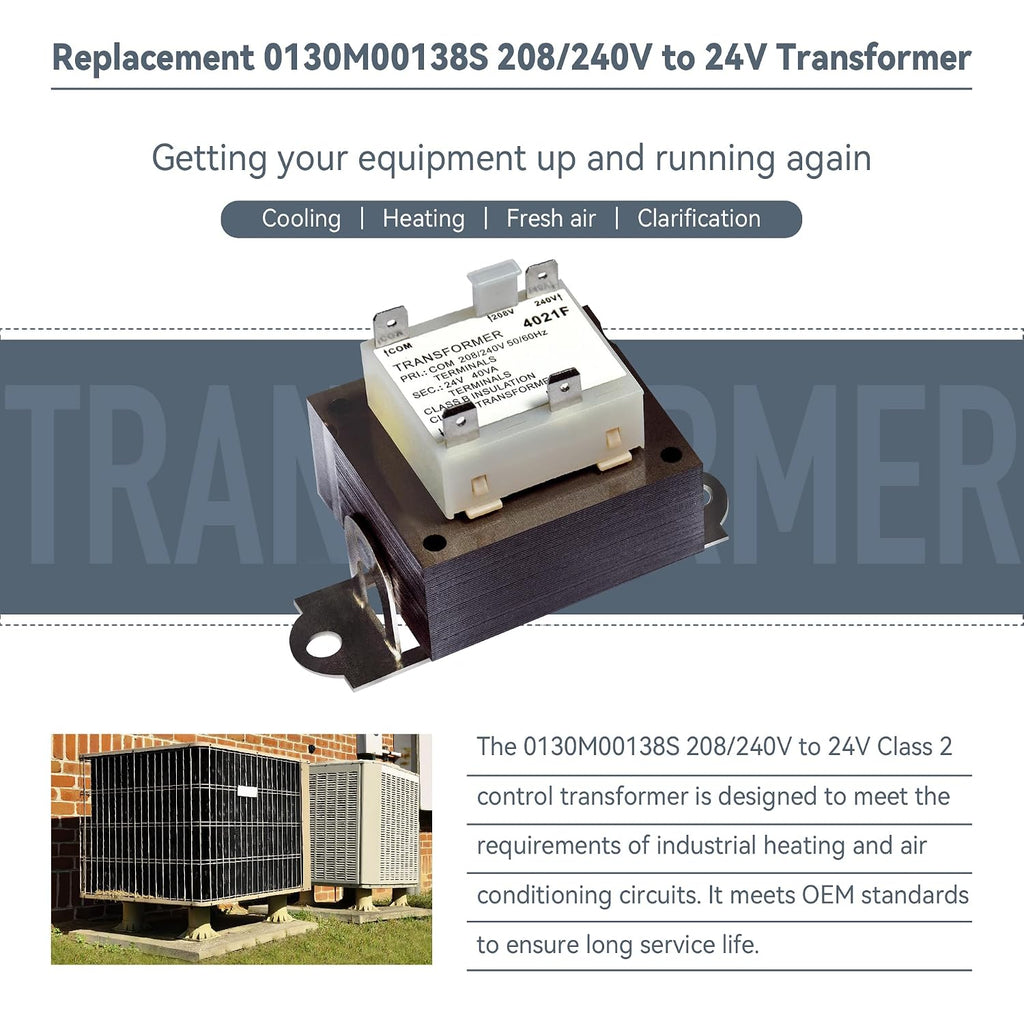0130M00138S 240V to 24V Transformer Compatible with Goodman Amana 40VA Furnace Transformers, HVAC Parts Replaces B1141643 B11416-43 PF40224 L38264, 208/240V to 24V Furnace Transformer, Class 2 Control