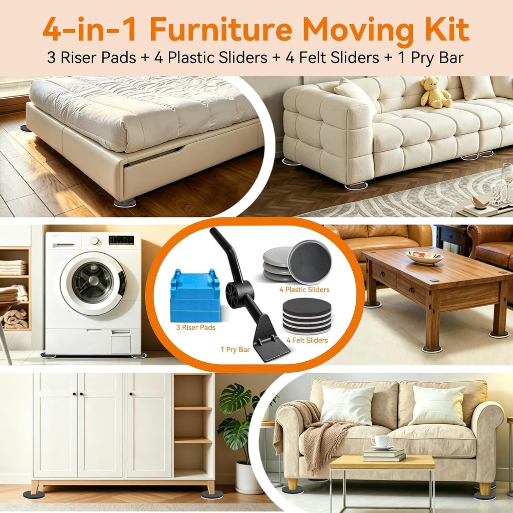 3.5 Inch Furniture Sliders with Lifter Tool, 12 PCS Multi-Surface Movers Kit for Carpet and Hardwood Floors, Heavy