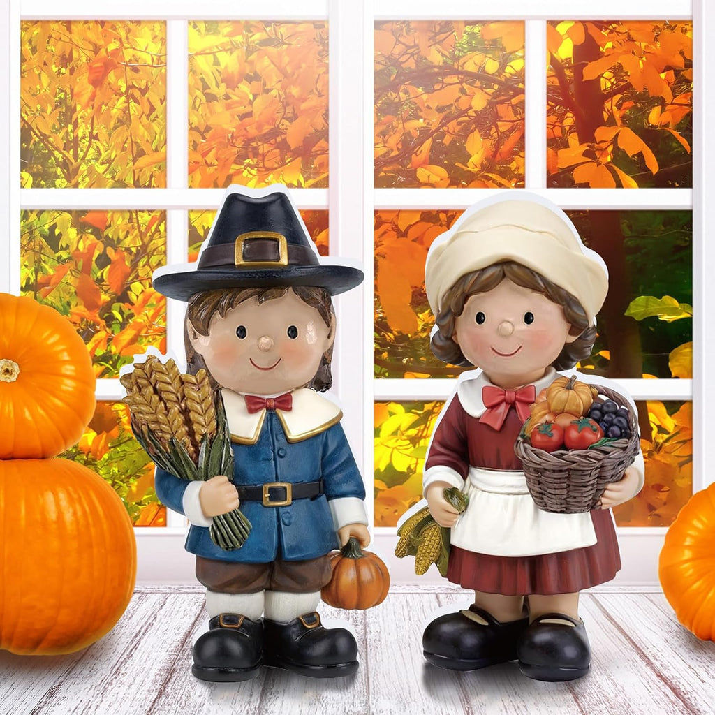 2 Pcs Fall Figurine Decor Pilgrim Figurine Autumn Statue Wooden Thanksgiving Boy and Girl Family Harvest Table