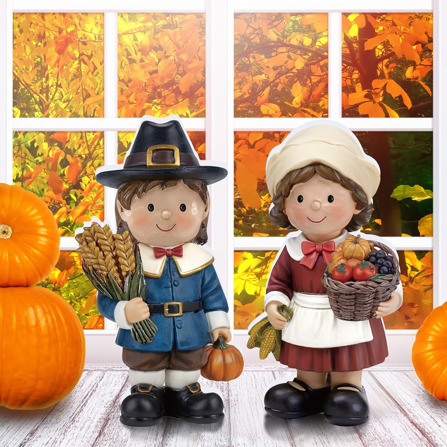 2 Pcs Fall Figurine Decor Pilgrim Figurine Autumn Statue Wooden Thanksgiving Boy and Girl Family Harvest Table