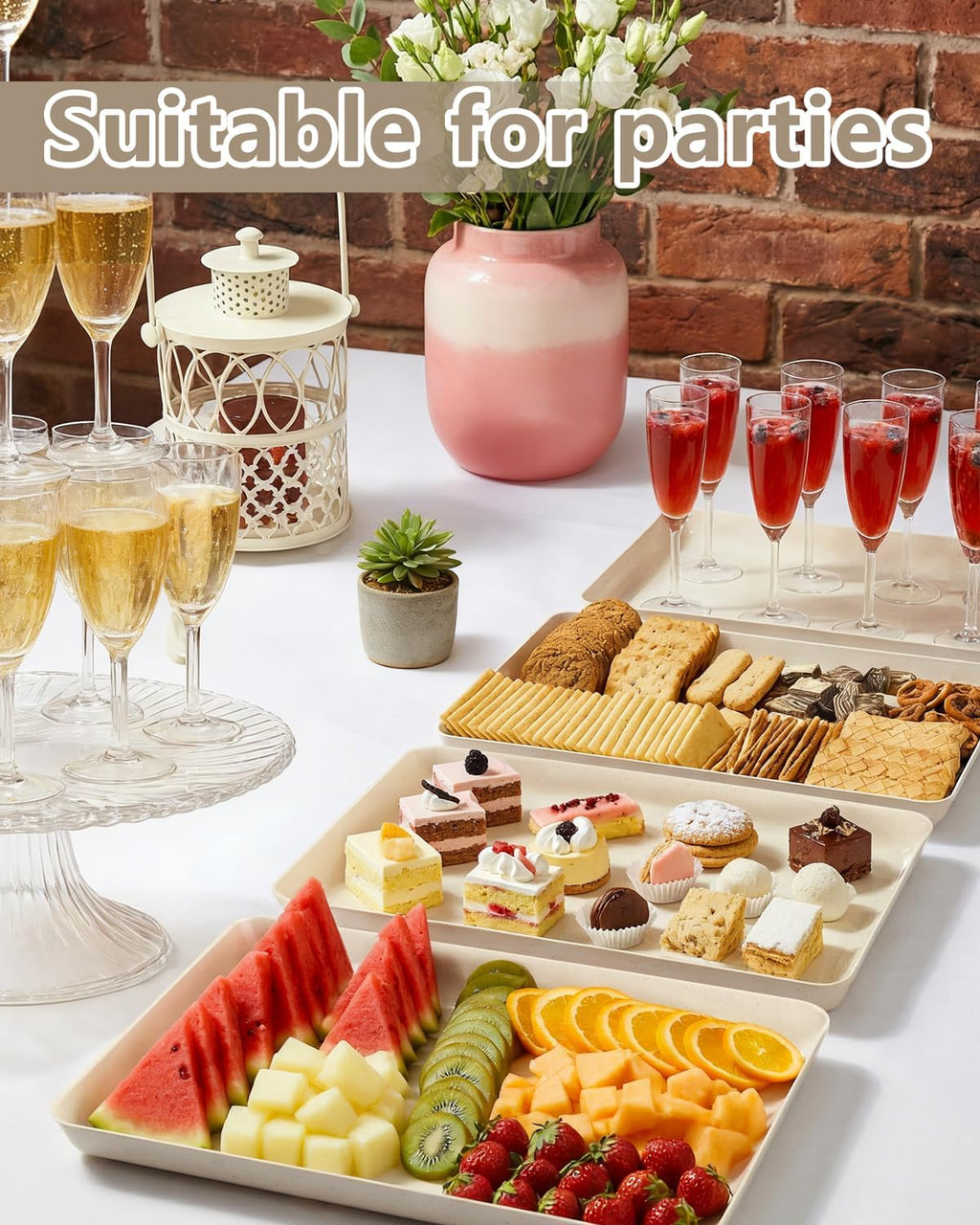 8PCS Ivory Wheat Straw Plastic Serving Trays for Party Wedding