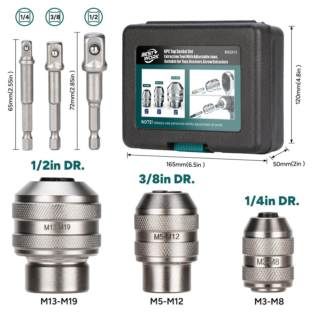 Bestwork 6pcs Adjustable Tap Socket Set, 1/4", 3/8", 1/2" Drive Tap Socket