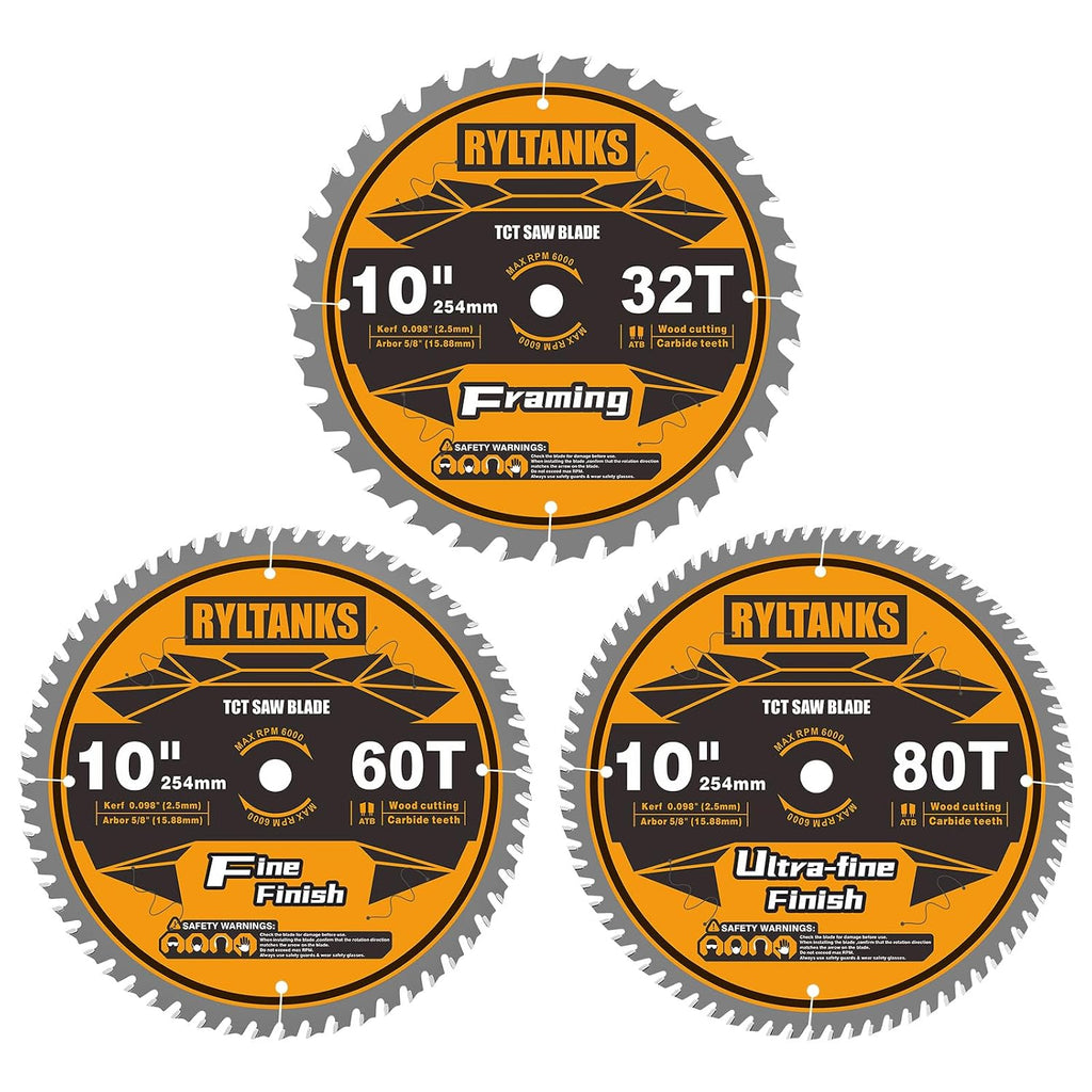 10 Inch Table Saw Blade/Miter Saw Blade, 5/8" Arbor, 32T for Framing&60T for Fine Finish&80T for Ultra Fine Finish