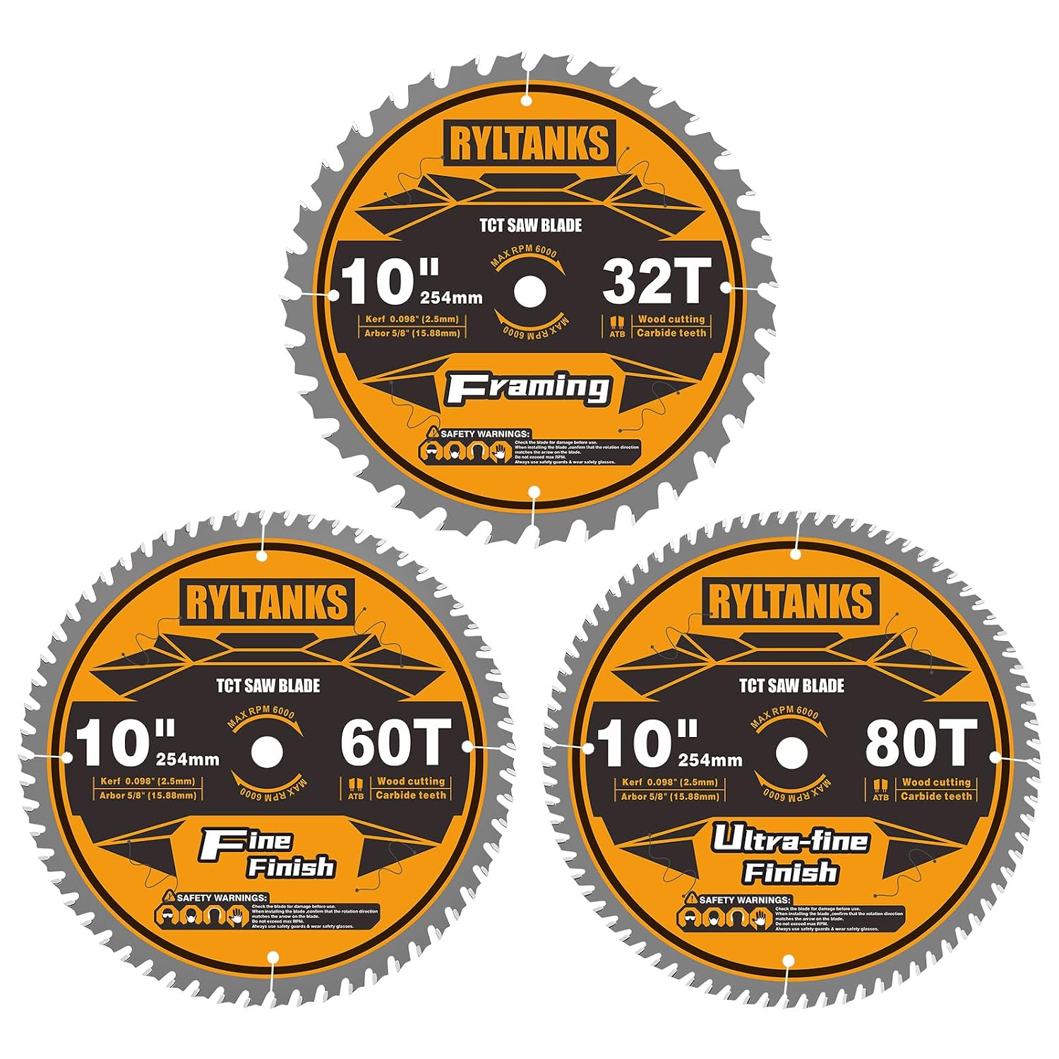 10 Inch Table Saw Blade/Miter Saw Blade, 5/8" Arbor, 32T for Framing&60T for Fine Finish&80T for Ultra Fine Finish